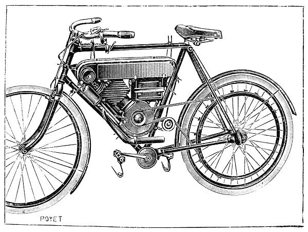 MOTORCYCLE, 1904. Line engraving, French, 1904