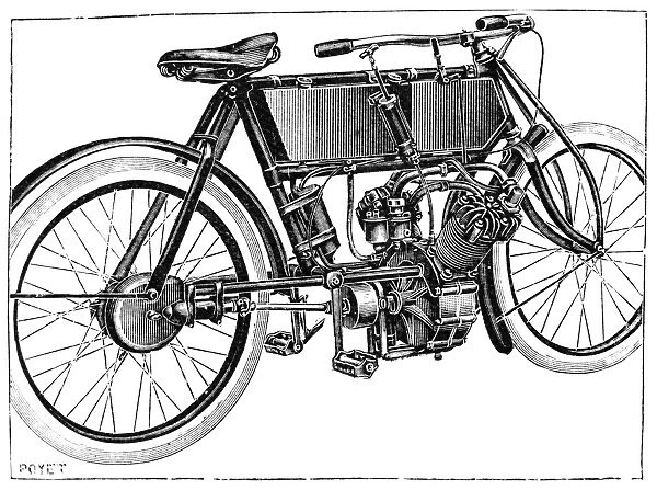 MOTORCYCLE, 1904. Line engraving, French, 1904