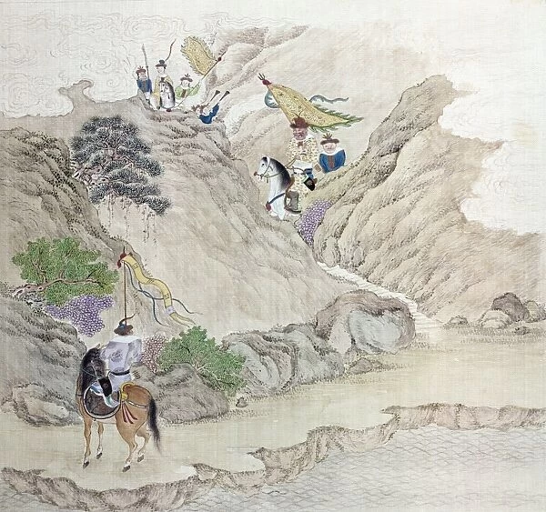Mounted warriors riding through a mountain pass in China. Watercolor on silk, c1820