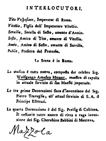 MOZART: CLEMENZA DI TITO. A page of the program in the first edition of the libretto