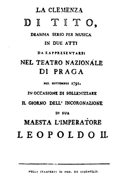 MOZART: CLEMENZA DI TITO. Title-page of the first edition of the libretto of Wolfgang