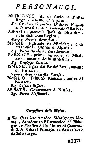 MOZART: LIBRETTO, 1770. Program of the first performance of Wolfgang Amadeus Mozart s