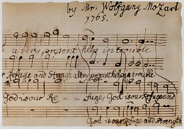 MOZART: MOTET MANUSCRIPT. Detail of the autograph of the motet, God is Our Refuge, written by Wolfgang Amadeus Mozart at age 9, 1765