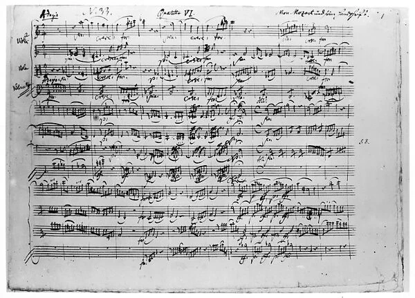MOZART: QUARTET IN C MAJOR. The beginning of the autograph manuscript of Wolfgang