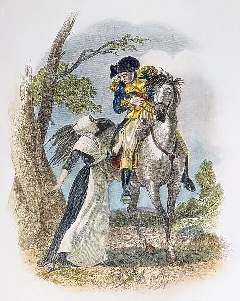 Mrs. Lydia Darrah, a Quaker woman, giving news of British troop movements to Colonel Craig, one of General George Washingtons aides, near Philadelphia, 3 December 1777. Steel engraving, American, 19th century