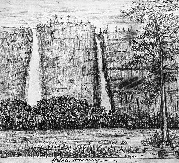 MUIR: WATERFALLS, c1877. The Hetch Hetchy Waterfalls at Yosemite National Park. Sketch by American naturalist John Muir, c1877