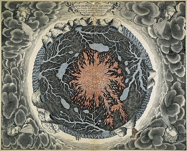 MUNDUS SUBETERRANEUS. The earth depicted in a cross-section as containing a central core of fire surrounded by subterranean lakes and rivers. Engraving from Athanasius Kirchers Mundus subeterraneus, 1664