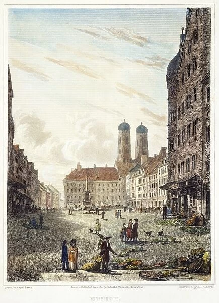 MUNICH, GERMANY, 1822. A view of Munich, Germany: etching and engraving, 1821, after a drawing by Robert Batty