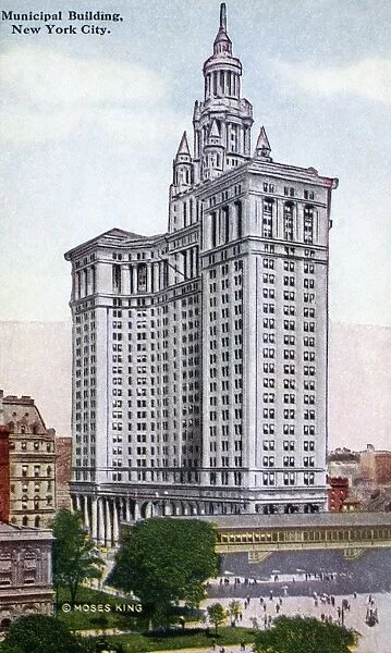 MUNICIPAL BUILDING. The Manhattan Municipal Building, inaugurated in 1915, at the foot of the Brooklyn Bridge. American postcard, c1930