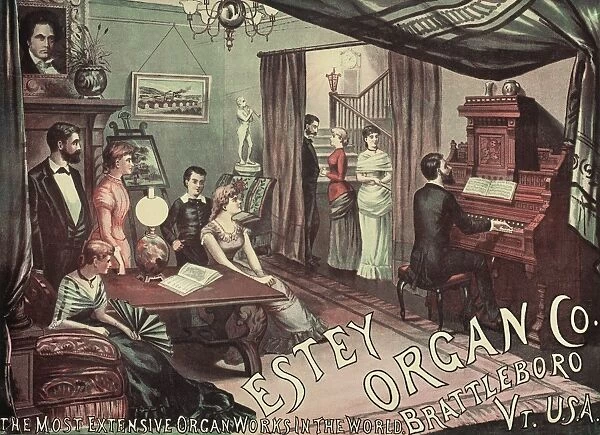 MUSICAL EVENING AD, c1890. A musical evening in a Victorian parlor. Lithograph advertising poster of the Estey Organ Company of Brattleboro, Vermont, c1890