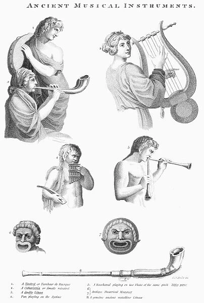 MUSICAL INSTRUMENTS. A variety of ancient musical instruments. Stipple engraving, early 19th century