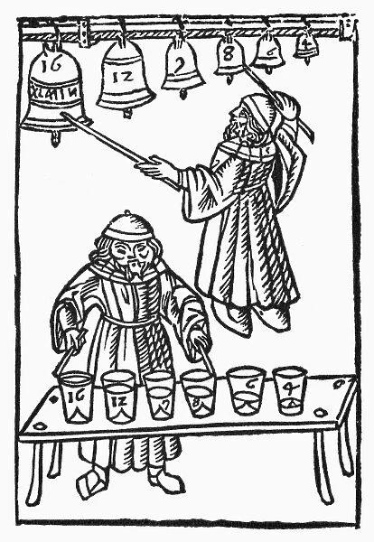 MUSICAL SCALE, 1492. Pythagoras playing the musical scale on bells and water glasses