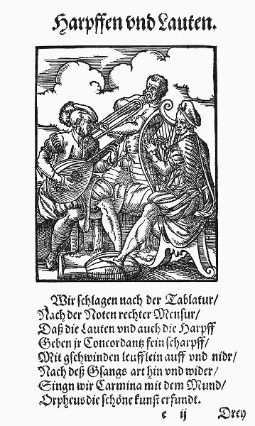 MUSICAL TRIO, 1568. A lutenist, trombonist, and harpist. Woodcut, 1568, by Jost Amman