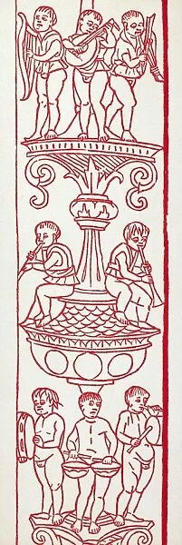 MUSICIANS, 1496. Detail of a woodcut border from Practica Musicae, by Franchinus Gafurius