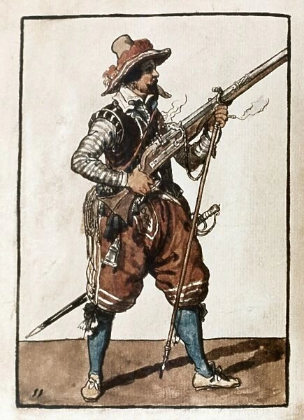 MUSKETEER, 1608. A musketeer, after firing his weapon. Watercolor by Jacob de Gheyn II