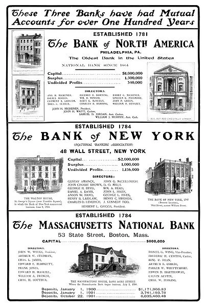 MUTUAL FUNDS, 1901. American magazine advertisement for mutual accounts at three different banks