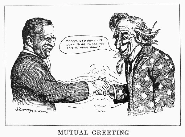 Mutual Greeting. Teddy, Old Boy, I m durn glad to see you safe at home agin! American cartoon following Theodore Roosevelts return to the U. S. from an African hunting expedition
