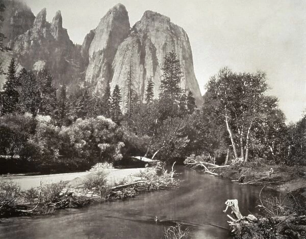 MUYBRIDGE: CATHEDRAL ROCKS. The Cathedral Rocks formation at Yosemite National Park in California. Photograph by Eadward Muybridge, c1870