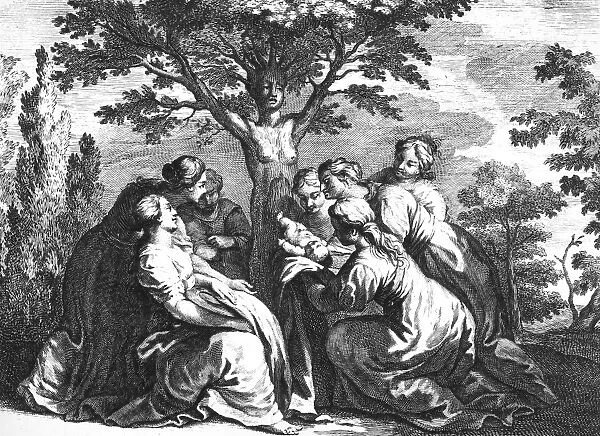Myrrha, transformed into a tree, gives birth to Adonis. Copper engraving from a 17th century English edition of Ovids Metamorphoses
