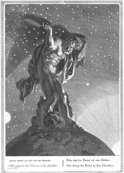 MYTHOLOGY: ATLAS. Atlas holding up the heavens. Copper engraving, 1731, by Bernard Picart