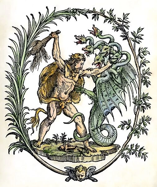 MYTHOLOGY: HERCULES. Hercules slaying the Hydra. Detail of an Italian colored woodcut title-page