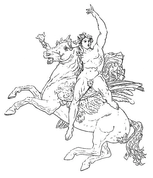 MYTHOLOGY: PEGASUS. Pegasus and the Genie of Art. Line drawing after an antique French engraving