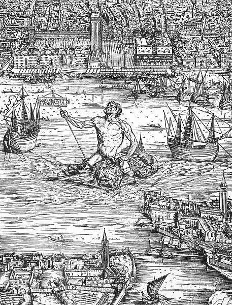 MYTHOLOGY: POSEIDON. Poseidon riding on a dolphin into the harbor of Venice, Italy