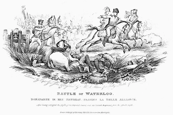 NAPOLEON I: WATERLOO, 1815. Bonaparte in his retreat passing La Belle Alliance. The Battle of Waterloo, June 18, 1815. Line engraving, English, 1817