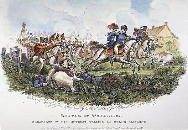 NAPOLEON I: WATERLOO. Napoleon I, retreating from the Battle of Waterloo, June 18, 1815, passes his headquarters at the farm, La Belle Alliance: line engraving, English, 1817