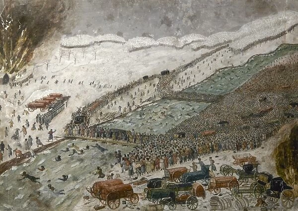 NAPOLEON: RETREAT, 1812. Crossing the Beresina River in Russia during the retreat of the Grand Army under Napoleon Bonaparte, December 1812; baggage carts and ambulances have been abandoned in the foreground. Watercolor, c1812, attributed to Fournier-Sarloveze