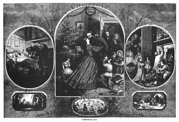 NAST: CHRISTMAS, 1863. Scenes of Christmas during the Civil War. Engraving by Thomas Nast