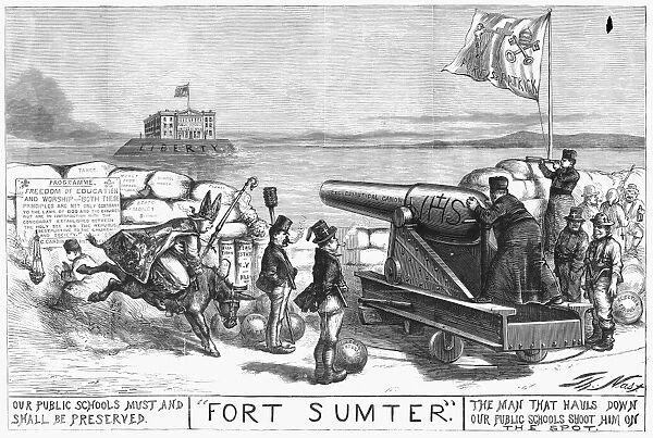 NAST: PAROCHIAL SCHOOLS. Thomas Nasts cartoon comparing the growth of the Catholic Church and parochial schools to the Confederate attack on Fort Sumter. Wood engraving, 1870