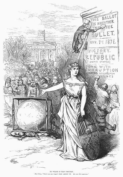 NAST: TWEED CARTOON, 1871. To Whom it May Concern. Cartoon by Thomas Nast published following the New York City elections of 7 November 1871, hailing the triumph of the ballot box and the overthrow of the Tweed Ring of corrput politicians