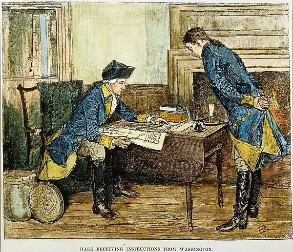 Nathan Hale receiving instructions from George Washington in New York City for his intelligence mission behind the British lines. Illustration by Howard Pyle