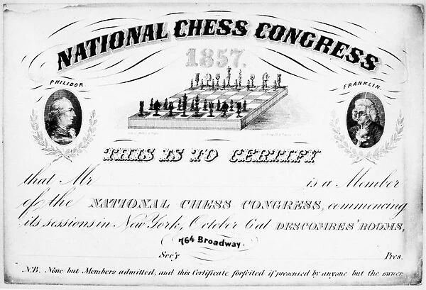 NATIONAL CHESS CONGRESS. Membership certificate of the National Chess Congress