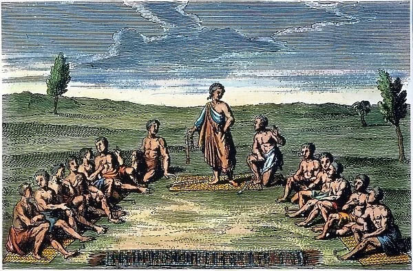 FIVE NATIONS: MEETING, c1570. Iroquois leaders from the Five Nations (Cayuga, Mohawk, Oneida, Onondaga, and Seneca) assembled around the Huron prophet Deganawidah, center, to recite the laws of the new Iroquois League, c1570. French engraving, early 18th century