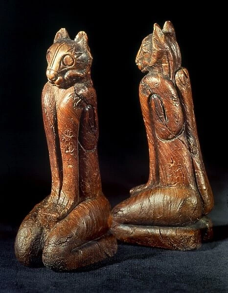 NATIVE AMERICAN CARVINGS. Southeastern Native American (Calusa) carved wooden cat figures, c1450, excavated at Key Marco, Florida