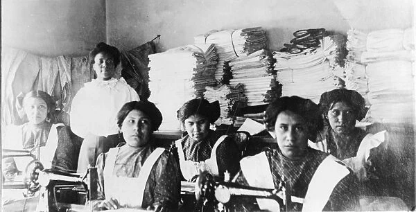NATIVE AMERICAN SCHOOL, c1910. A sewing class at the Bismarck Indian School, Bismarck