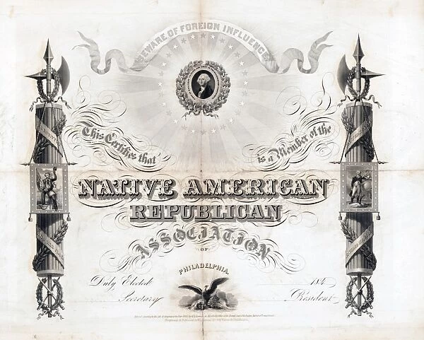 NATIVIST CERTIFICATE, c1845. Membership certificate for the Native American Republican