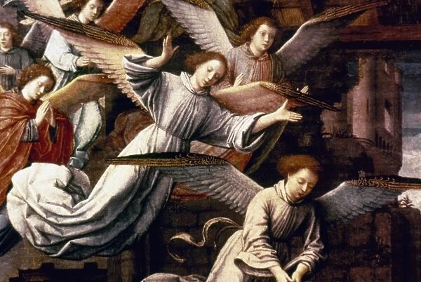 THE NATIVITY. Detail of Angels. Oil on wood by Gerard David (1484-1523)