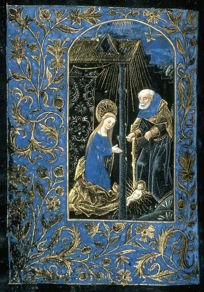 THE NATIVITY. Illumination from a Flemish Book of Hours, late 15th century