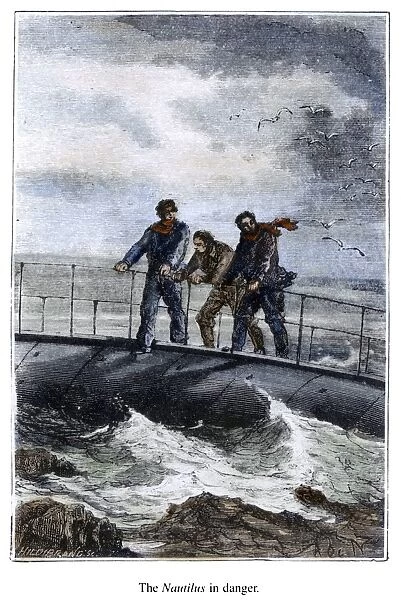 The Nautilus aground in the Torres Straits. Wood engraving after a drawing by Alphonse de Neuville from an 1870 edition of Jules Vernes Twenty Thousand Leagues Under the Sea