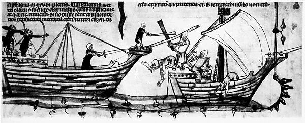 NAVAL BATTLE, 14th CENTURY. Illumination from a 14th century manuscript depicting a naval battle