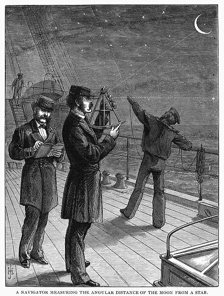 NAVIGATION, 1871. A navigator using a sextant to measure the angular distance of the moon from a star. Wood engraving, American, 1871