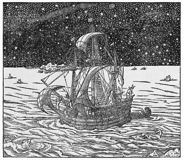 NAVIGATION BY STARS, 1575. Sailors navigating by stars at night