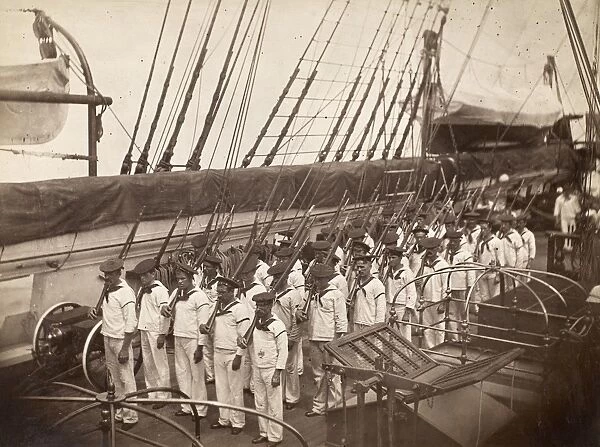 NAVY DRILL, c1885. Company drill on the deck of the steam sloop of war USS Mohican