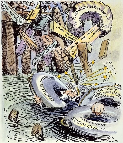 How Much More Do We Need? American cartoon comment, c1933, showing Uncle Sam having difficulties staying afloat with President Roosevelts New Deal lifesavers, because of all the other unsolicited quack remedies thrown at the ailing economy