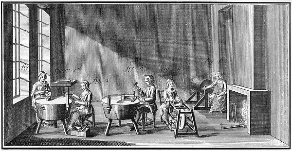 NEEDLEMAKING, 18TH CENTURY. Men and women workers making knitting needles