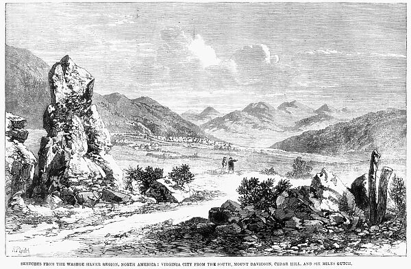 NEVADA: WASHOE REGION, 1862. The Washoe silver mining region in Nevada, with Virginia City to the North, Mount Davidson and Cedar Hill. Wood engraving, English, 1862