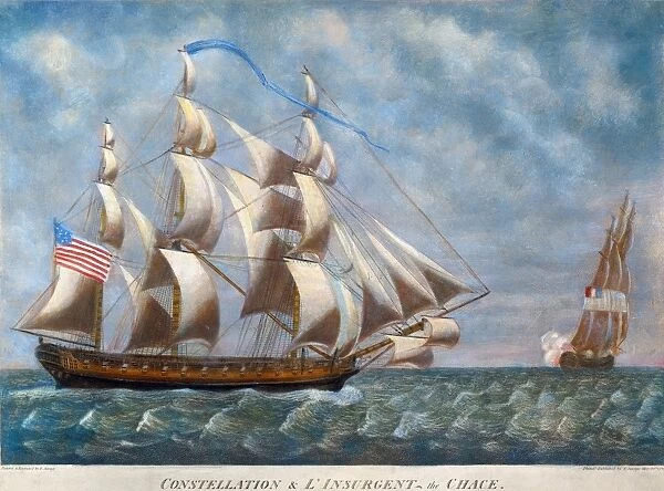 NEVIS: CONSTELLATION, 1799. The American frigate USS Constellation (left) bears down on the L Insurgente off the island of Nevis in the West Indies on 9 February 1799 during the undeclared war with France: contemporary aquatint